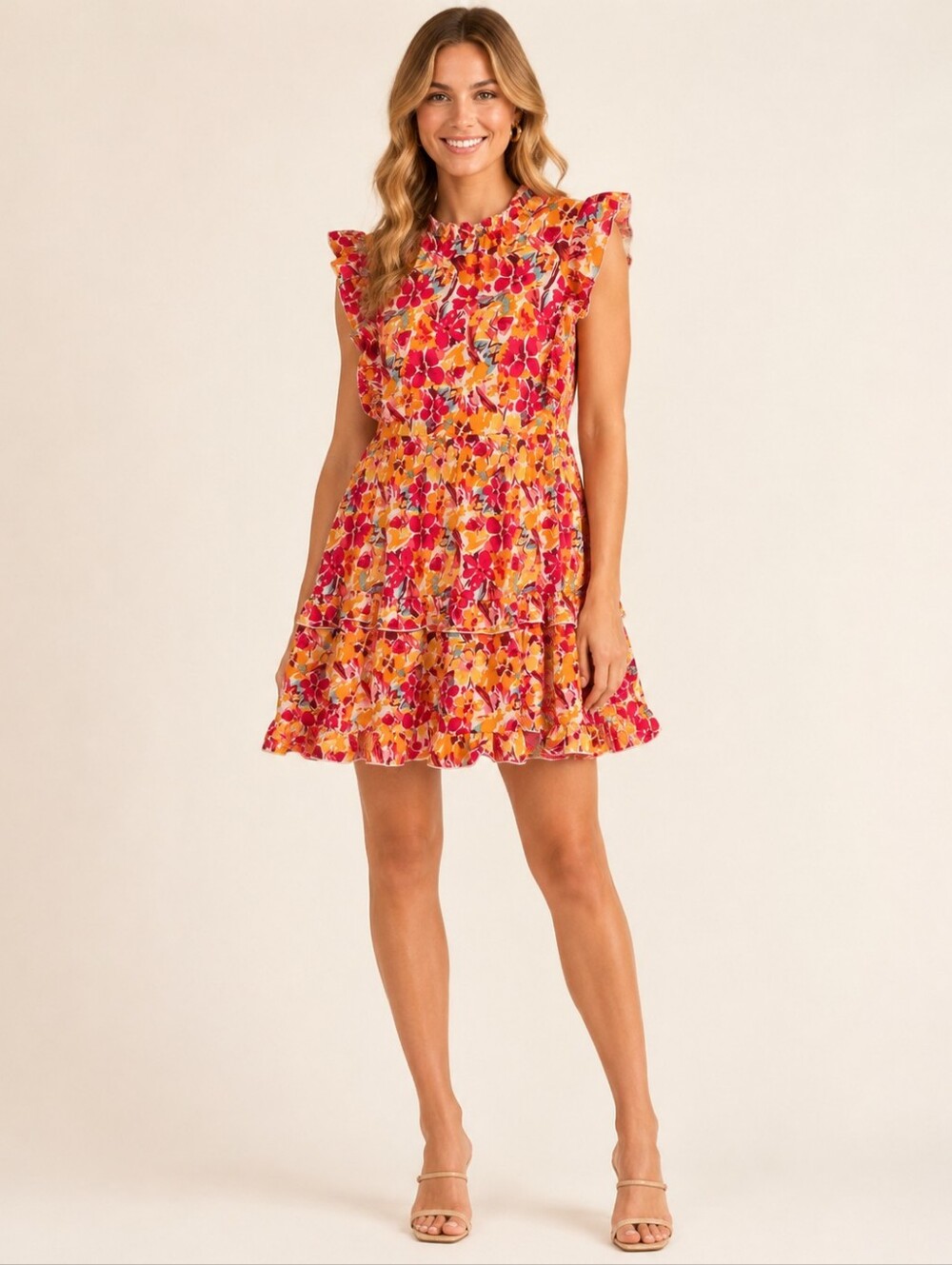 Jodifl Floral Ruffle Mini Dress Orange Red Sleeveless NWT Small